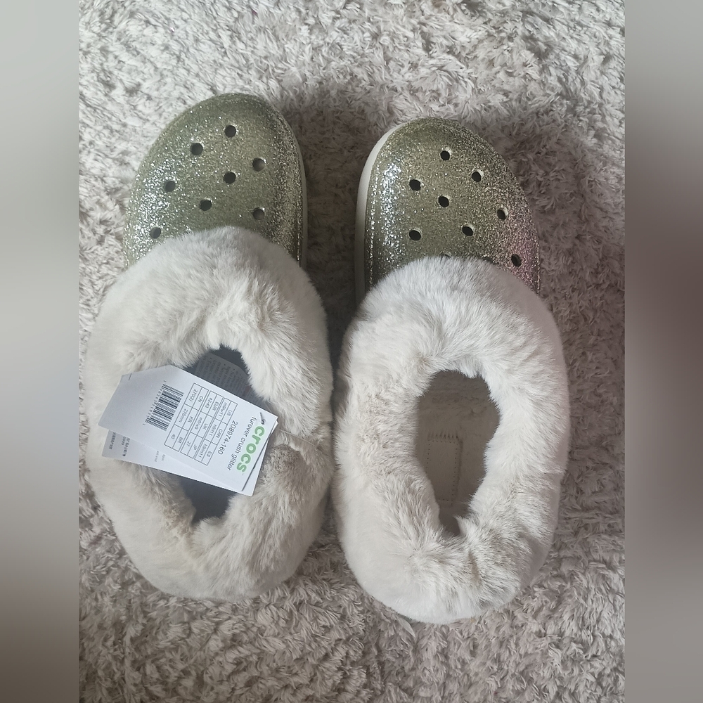 CROCS Women's Glitter Clog Mules with Plush Fur Collar - Gold and Cream